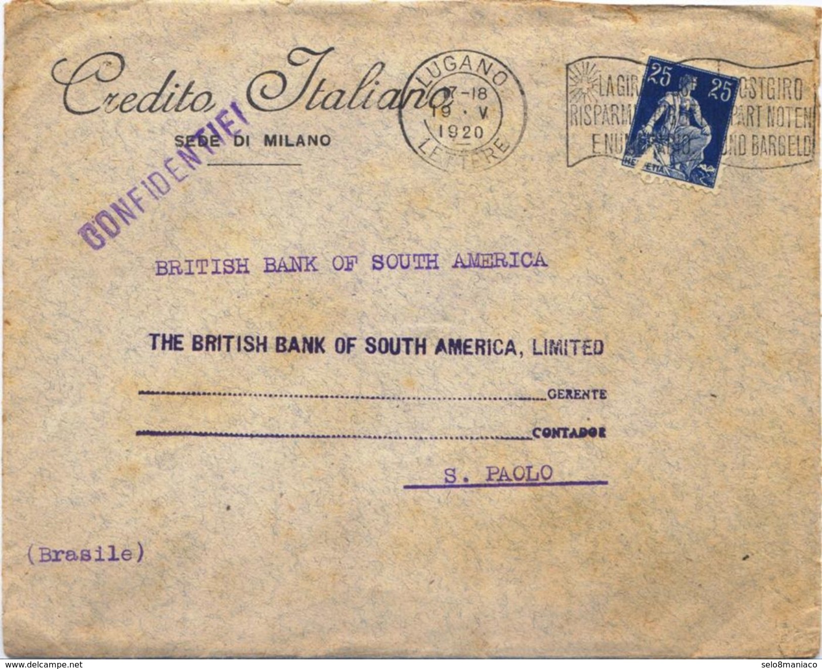 C2008-Switzerland-Bank Cover From Lugano To São Paulo, Brazil-1920 - Covers & Documents