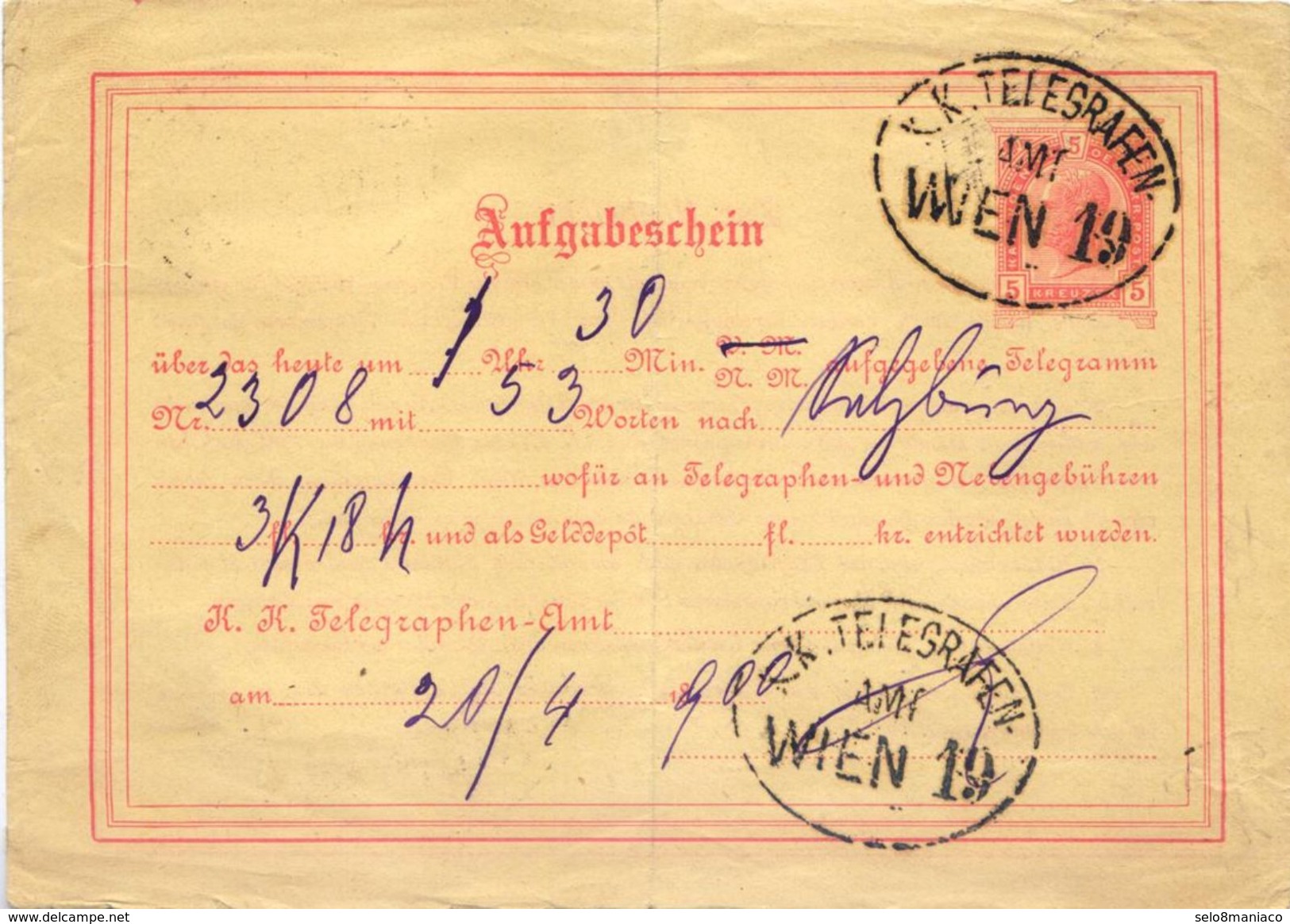 C2025-Austria-Old Telegraph Receipt-Wien-1900 - Telegraph