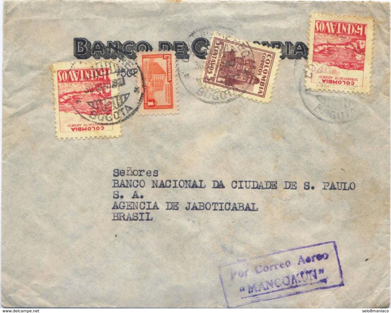 C2042-Colombia-Correo Aereo “Mancomun” Bank Cover To Jaboticabal, Brazil-1946 - Colombia