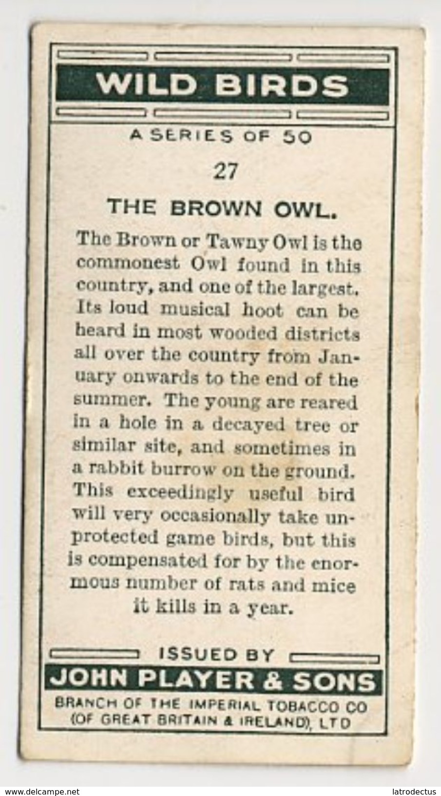 Player - 1932 - Wild Birds - 27 - Chouette Hulotte, Bosuil, Tawny Owl, Brown Owl - Player's