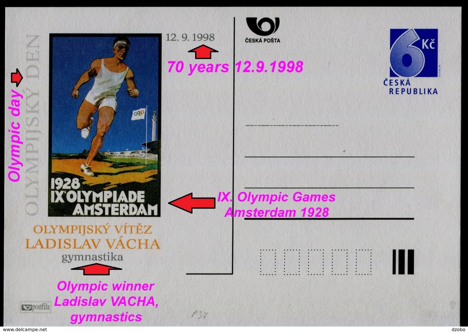427-CZECH Rep. Postcard IX. Olympic Games Amsterdam 1928 Olympic Day, Olympic Winner L. VACHA, Gymnastics 70 Years 1998 - Sommer 1928: Amsterdam