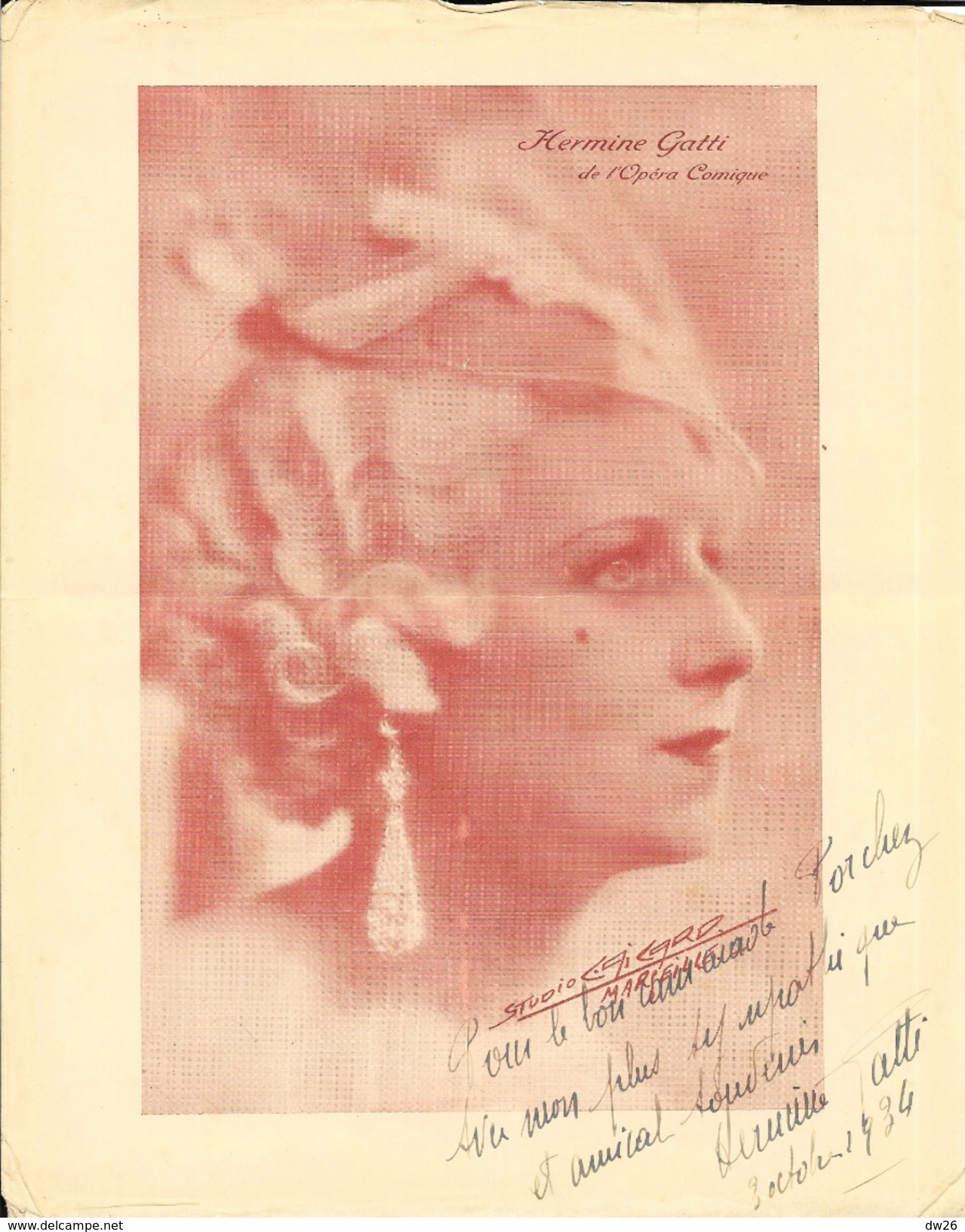 Photo Dédicacée 1934 D'Hermine Gatti De L'Opéra Comique - Studio L. Aicard - Gehandtekende Foto's