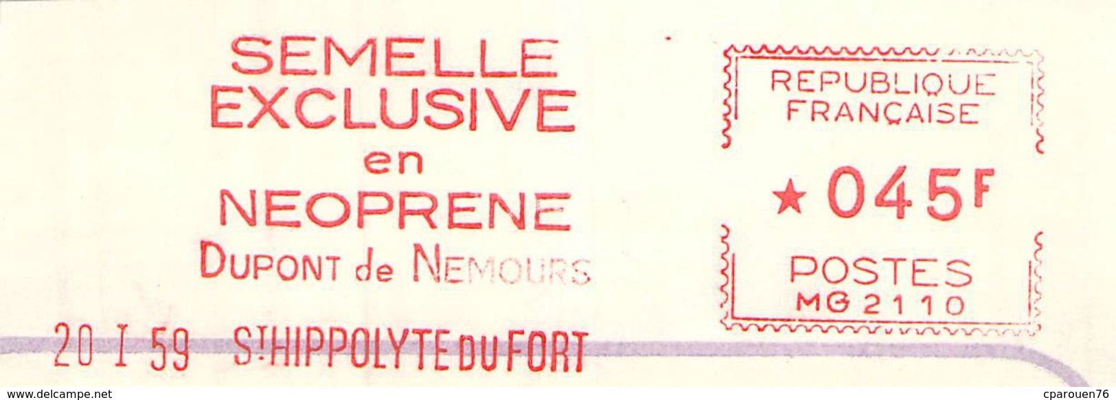 FLAMME EMA OBLITERATION MECANIQUE FRAGMENT PUBLICITE SEMELLE DUPONT DE NEMOURS ST HYPPOLYTE DU FORT 1959 - Affrancature Meccaniche Rosse (EMA)