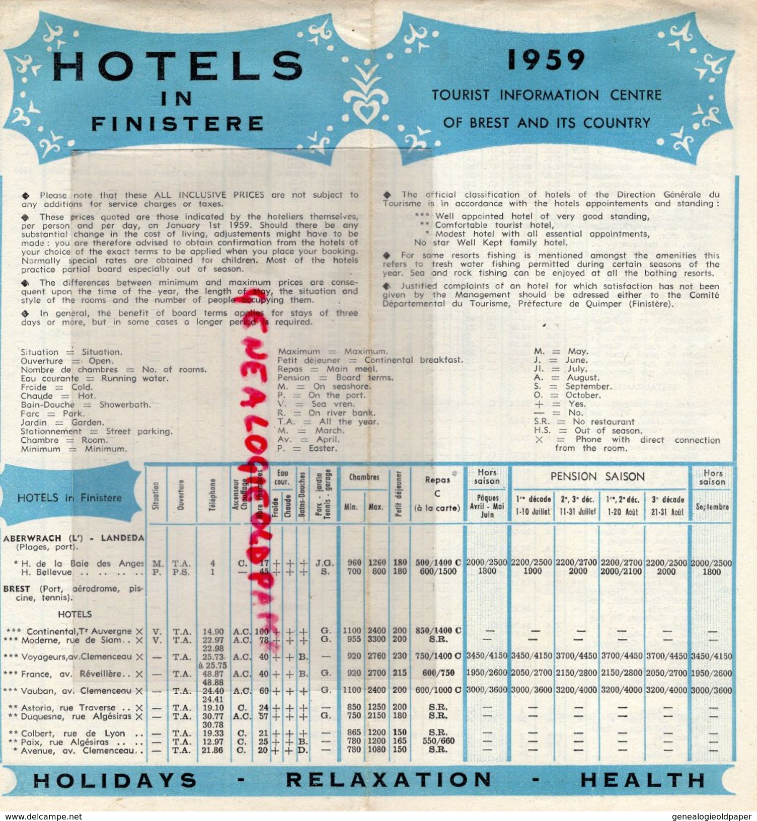 29- BREST-DAOULAS-BRIGNOGAN-CONQUET-ILE MOLENE-LESNEVEN-PLOUGASTEL-PORSPODER-ILE OUESSANT-DEPLIANT HOTELS 1959 - Dépliants Touristiques