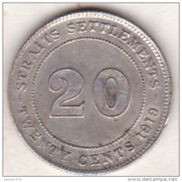 Straits Settlements , 20 Cents 1919 . George V. Argent. KM# 30a - Malaysie