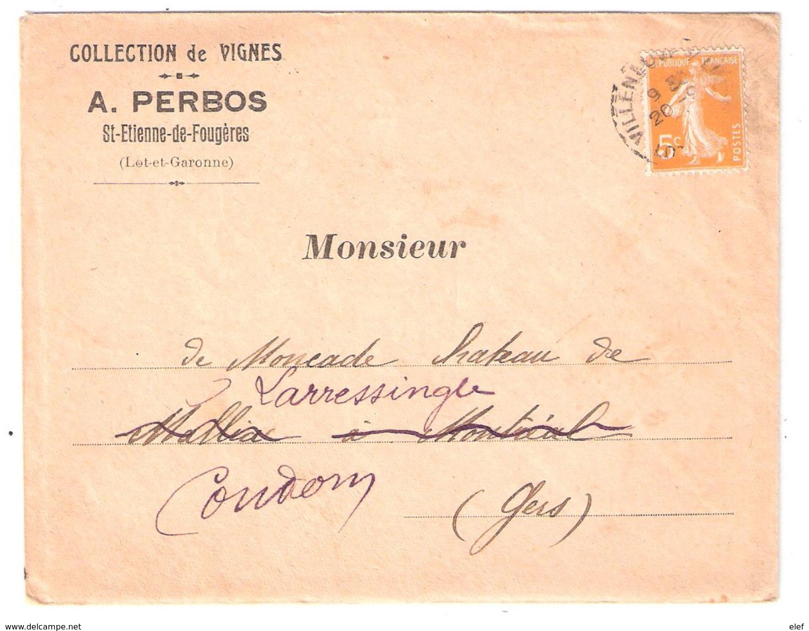 Lettre Collection VIGNES PERBOS St Etienne De Fougères Obl Villeneuve/Lot Semeuse 5c YT 158 Tarif Imprimé > Larressingle - Posttarife