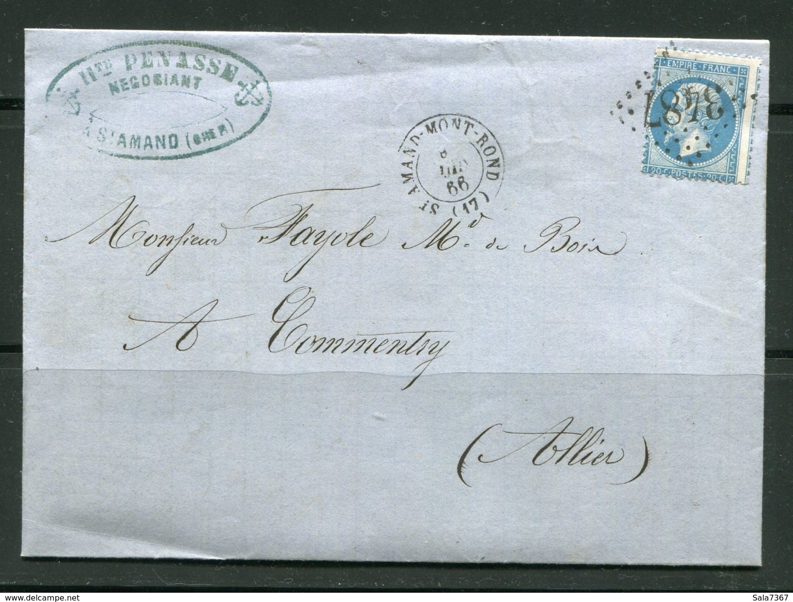 Lettre De 1866 De SAINT AMOND MONT ROND 17 Pour COMMENTRY 3- Timbre Y&T N°22- GC 3487 - 1862 Napoléon III