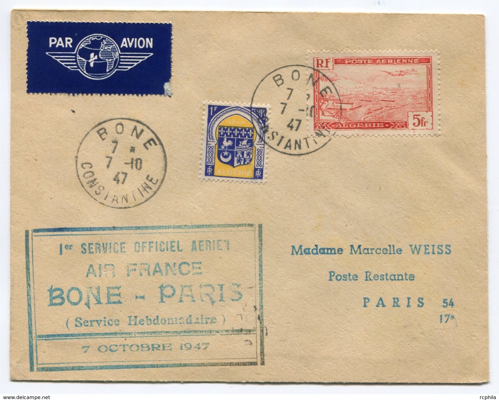 RC 6338 FRANCE ALGERIE 1947 1er VOL BONE PARIS COURRIER RETARDÉ AVION DETRUIT LETTRE COVER - Luftpost