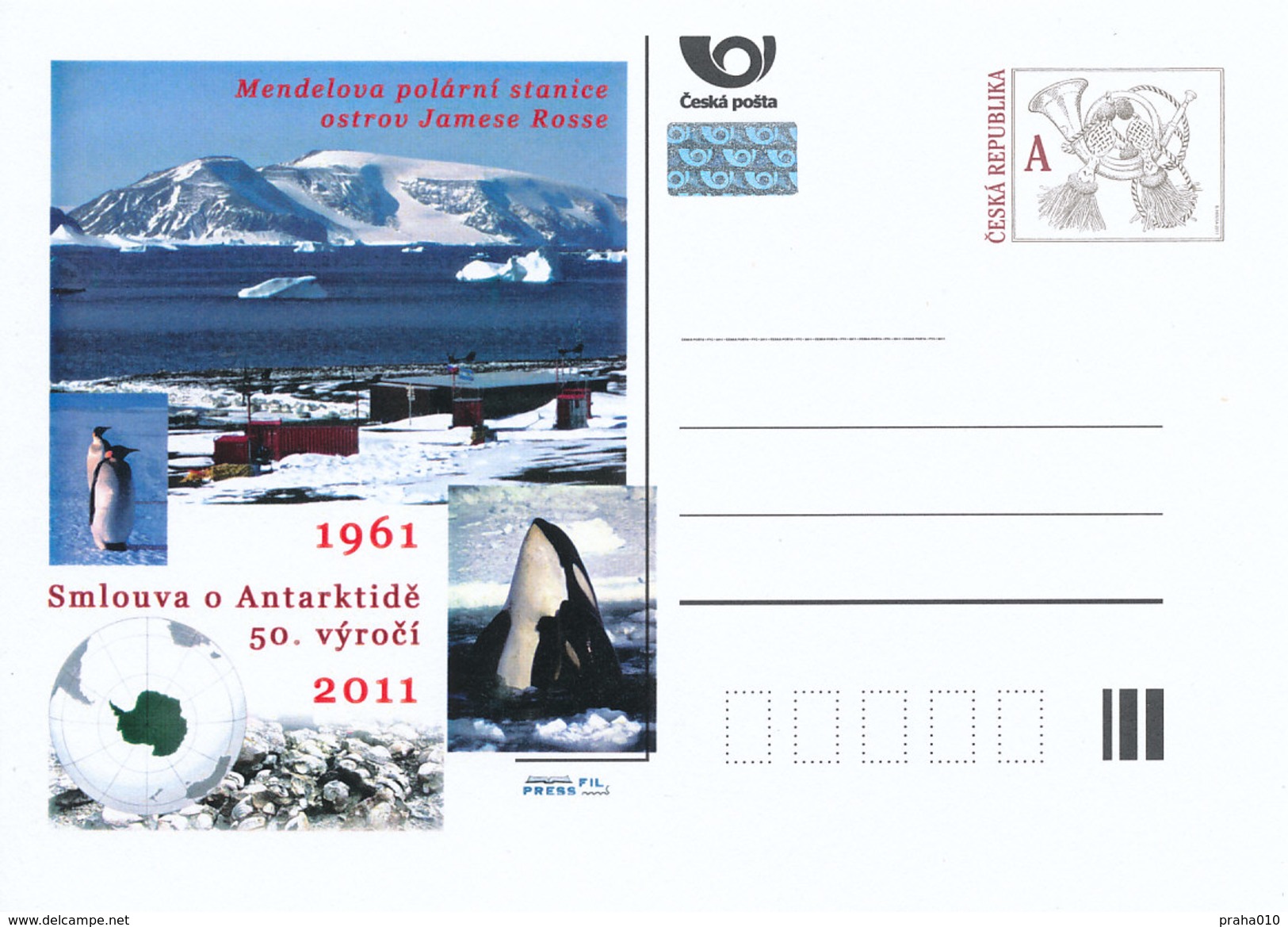 Tschech. Rep. / Ganzsachen (Pre2011/28) Der Antarktis-Vertrag (Mendel Polar Station, Wal, Pinguin, Fossilien, Karte) - Geographie