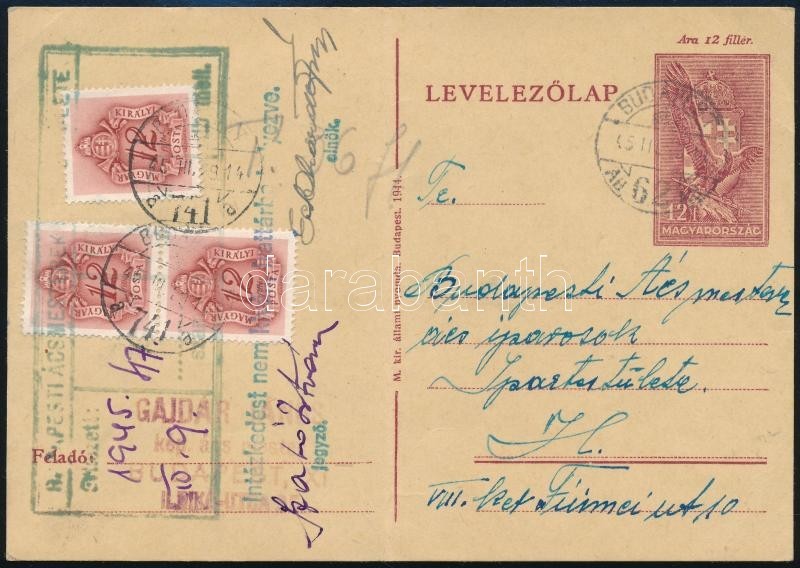 1945 12f Díjjegyes Levelezőlap Budapest Helyi Szükségtarifa (Lásd Dr Nagy Ferenc Tanulmányát Philatelica 2012/1, Illetve - Altri & Non Classificati