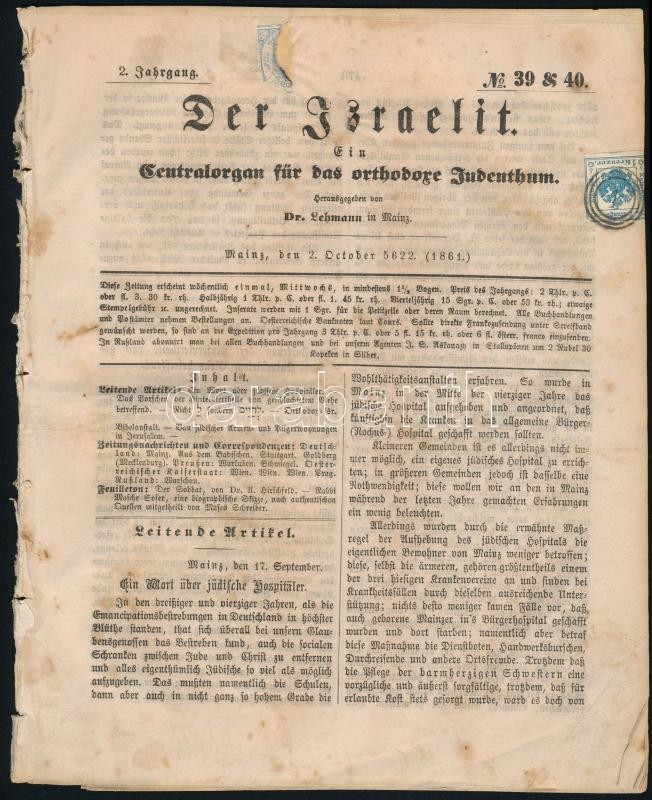 1861 Der Israelit Mainzi Zsidó újság  Thurn Und Taxis Bélyeg Maradványával, Osztrák Hírlapilleték Bélyeggel Bécsi '1' ér - Sonstige & Ohne Zuordnung