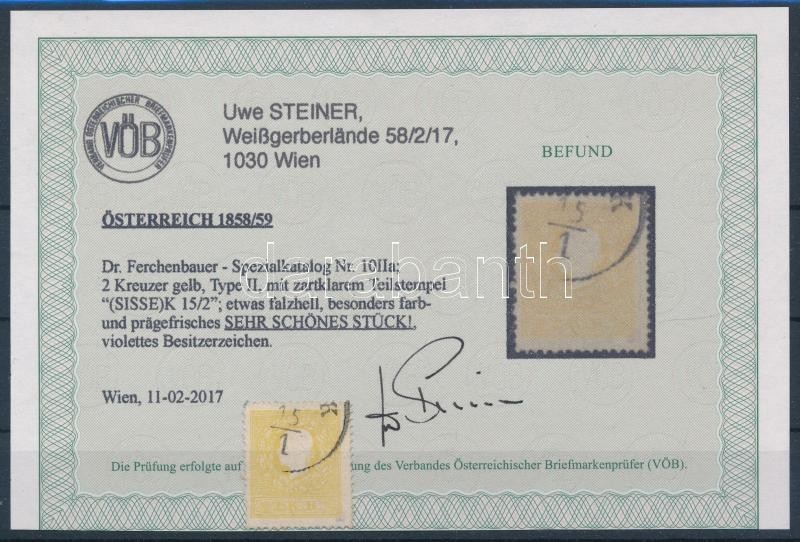 O 1858 2kr II. Sárga ,,(SISSE)K' Certificate: Steiner - Sonstige & Ohne Zuordnung