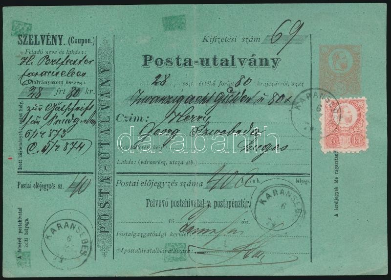 1874 5kr Postautalvány 5kr Díjkiegészítéssel 'KARÁNSEBES' - Lugos - Sonstige & Ohne Zuordnung