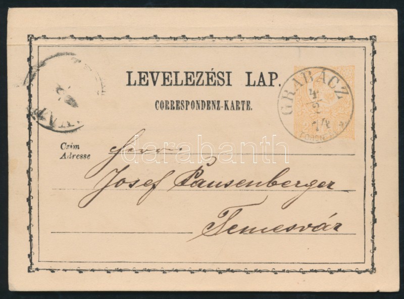 1874 Díjjegyes Levelezőlap / PS-card 'GRABÁCZ TORONTÁL M.' (Gudlin Ebben A Formában Nem Említi, Csak TORONTÁL M. Nélkül, - Sonstige & Ohne Zuordnung