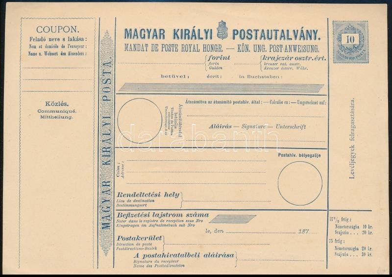 1875 Használatlan Nemzetközi 10kr Postautalvány Kék Színben - Altri & Non Classificati