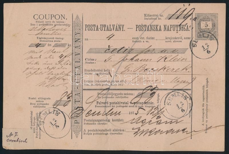 1875 5kr Postautalvány 'SEMLIN' - 'NAGY BECSKEREK / TORONT M.' - Sonstige & Ohne Zuordnung