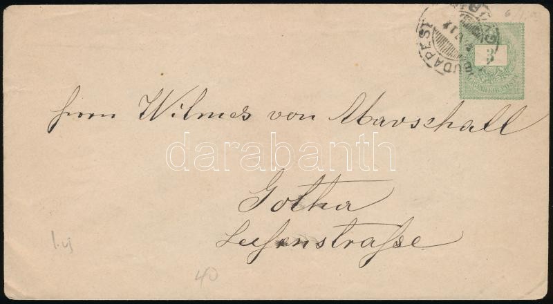 1884 3kr Díjjegyes Levél BUDAPEST - GYŐR Vasúti Mozgóposta Bélyegzéssel Németországba Küldve, Ritka! / PS-cover With Rai - Sonstige & Ohne Zuordnung