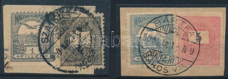 1899 Feketeszámú 1kr + Turul 1f és 5kr + Turul 25f Vegyes Bérmentesítések 2 Db Kivágáson - Sonstige & Ohne Zuordnung