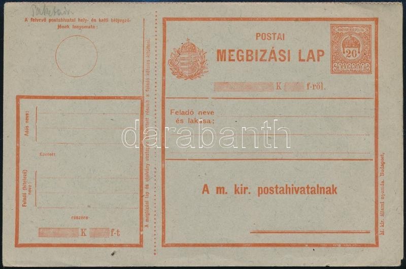 ~1910 Használatlan 20f Postai Megbízási Lap - Sonstige & Ohne Zuordnung