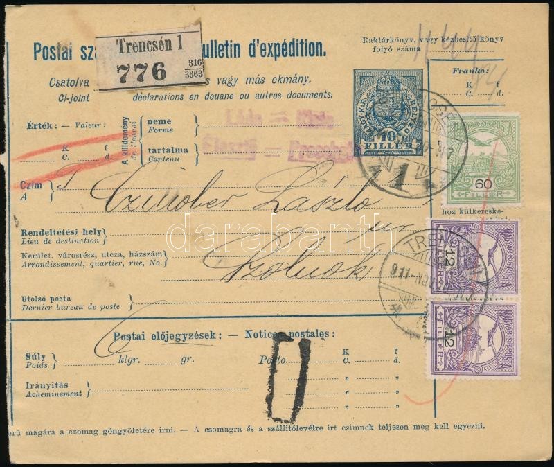 1911 Postai Szállítólevél 84f Bérmentesítéssel / Parcel Card With 84f Franking 'TRENCSÉN' - Szolnok - Sonstige & Ohne Zuordnung