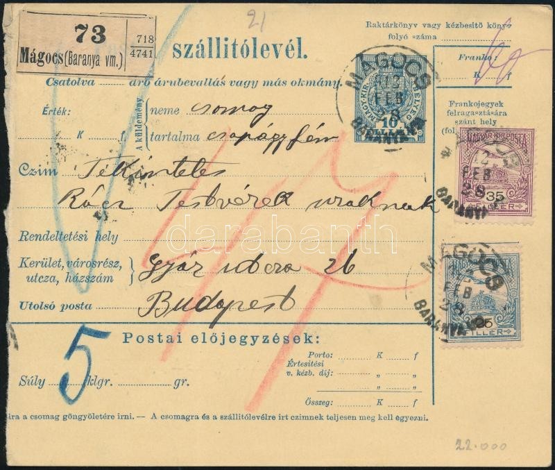 1912 Postai Csomagszállító 25f és 35f Turul Füzetbélyegekkel Bérmentesítve, Rendkívül Ritka! / Parcel Card With 25f And  - Sonstige & Ohne Zuordnung