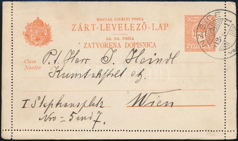 1912 10f Díjjegyes Zárt Levelezőlap 'NASICE' - Wien - Sonstige & Ohne Zuordnung