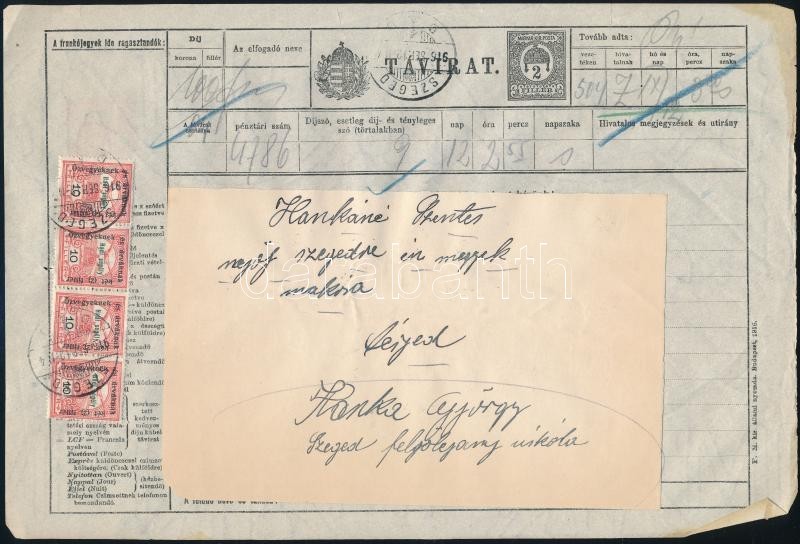 1916 Távirat 40f Bérmentesítéssel / PS-Telegramm 'SZEGED' - Szentes - Sonstige & Ohne Zuordnung