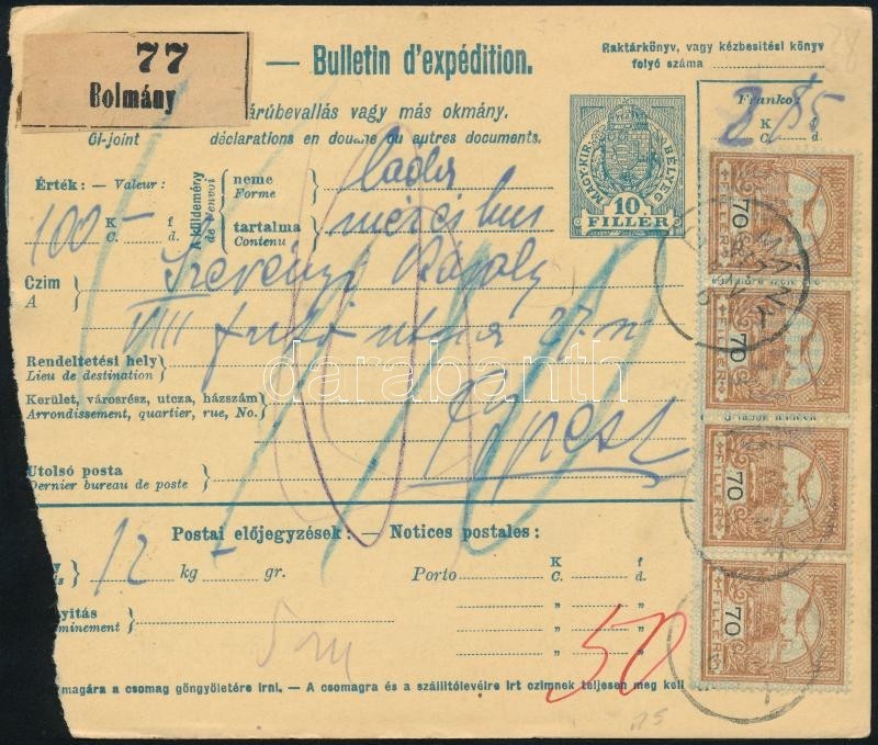 1917 Postai Csomagszállító 2,85K Bérmentesítéssel / Parcel Card With 2,85K Franking 'BOLMÁNY' - Sonstige & Ohne Zuordnung