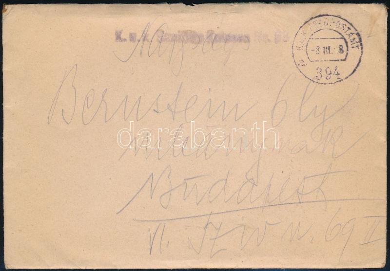 1918 Tábori Posta Levél 'K.u.k. Sanitäts Kolonne Nr. 63.' + 'FP 394 A' - Sonstige & Ohne Zuordnung