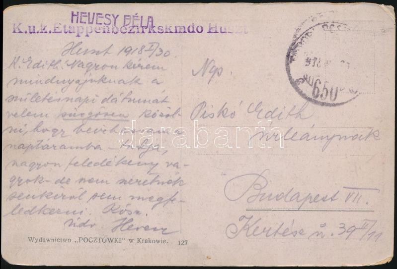 1918 Tábori Posta Képeslap 'K.u.k. Etappenbezirkskmdo Huszt' + 'TP 650' - Sonstige & Ohne Zuordnung