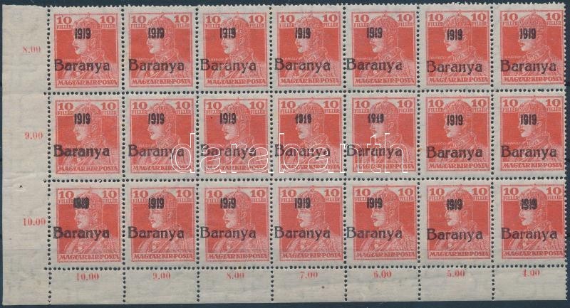 ** Baranya I 1919 Károly 10f ívsarki 21-es Tömb, Benne 2 Db Antikva / Block Of 21 With 2 Antigua Numbers, Signed Bodor - Other & Unclassified