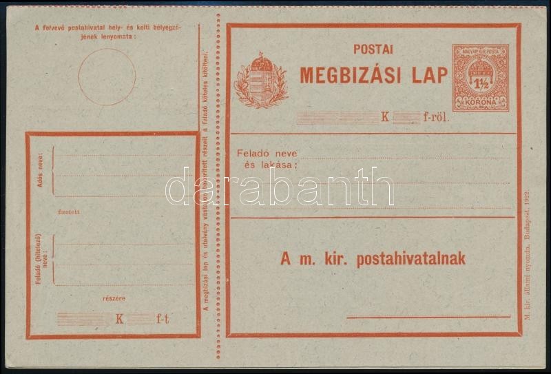 1922 Használatlan 1,50K Postai Megbízási Lap - Sonstige & Ohne Zuordnung