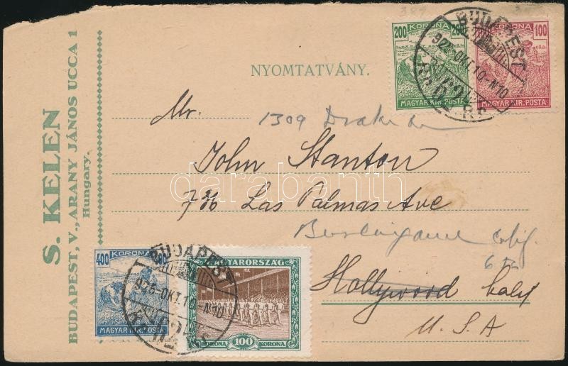 1925 Nyomtatvány 4 Bélyeges Bérmentesítéssel (benne Sport 100K) Az Egyesül Államokba / Printed Matter With 4 Stamps Fran - Sonstige & Ohne Zuordnung