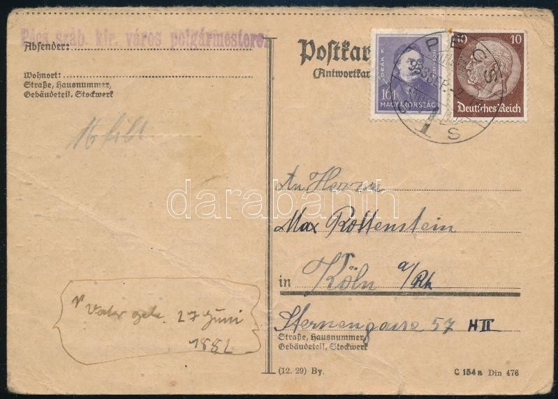 1933 Német Válaszlevelezőlap Pécsről Kölnbe, Német és Magyar Bélyegekkel / Deutsches Reich Reply Card From Pécs To Köln  - Sonstige & Ohne Zuordnung