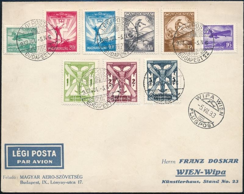 1933 Repülő Teljes Sor 'WIPA REPÜLÉS BUDAPEST - WIEN' Légiposta Levélen Bécsbe / WIPA Special Airmail Cover With Complet - Sonstige & Ohne Zuordnung