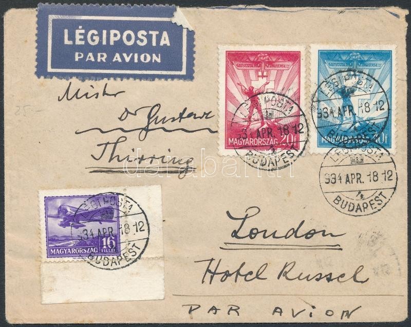 1934 Budapest-London Légi Levél 3 Színű Bérmentesítéssel / Budapest-London Airmail Cover - Sonstige & Ohne Zuordnung
