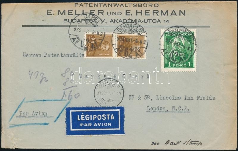 1935 Légi Levél Nagy Madonna 1P + Arcképek 2 X 30f Bérmentesítéssel Londonba Küldve / Mi 484 + 496 On Airmail Cover To L - Sonstige & Ohne Zuordnung