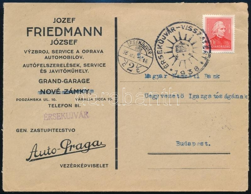 1938 Levél 20f Bérmentesítéssel és ÉRSEKÚJVÁR VISSZATÉRT Bélyegzéssel - Sonstige & Ohne Zuordnung