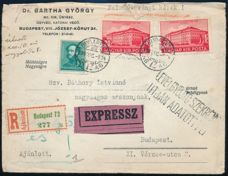 1938 Budapest Helyi Ajánlott Expressz Levél 50f Bérmentesítéssel - Other & Unclassified