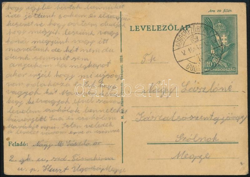 1940 Díjjegyes Levelezőlap KÖRÖSMEZŐ - JASZINA / BUDAPEST Vasúti Mozgóposta Bélyegzéssel / Postcard With Railway Cancell - Sonstige & Ohne Zuordnung