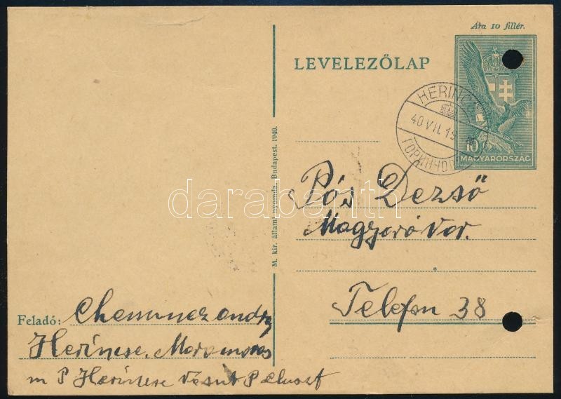 1940 Levelezőlap HERINCS Kétnyelvű Bélyegzéssel / Postcard With Bilingual Postmark (regiszerlyukasztás / Holes) - Sonstige & Ohne Zuordnung