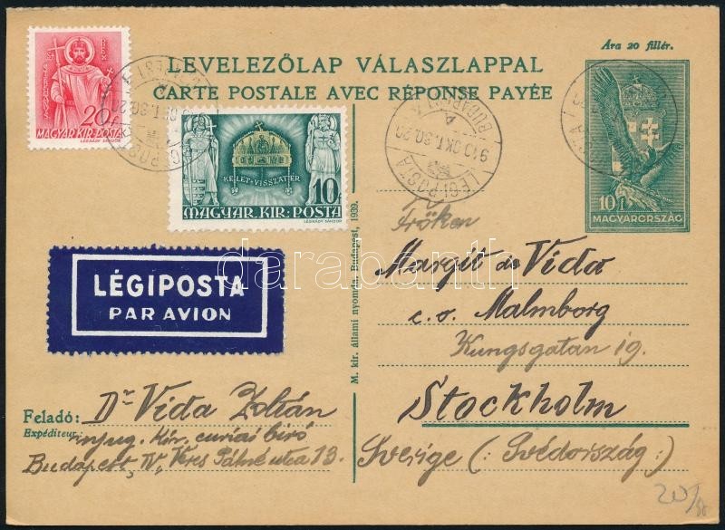 1940 10f Díjjegyes Légi Levelezőlap 10f + 20f Díjkiegészítéssel Stockholm, Svédországba Küldve / Airmail PS-card With 30 - Sonstige & Ohne Zuordnung