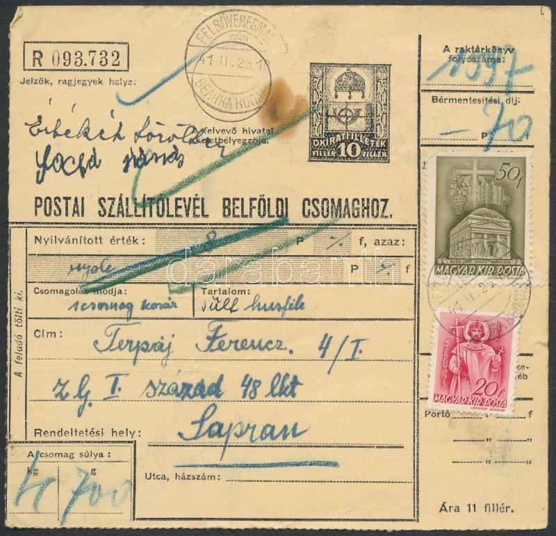 1941 Csomagszállító Kétnyelvű Bélyegzéssel Sopronba / Parcel Card With Bilingual 'FELSŐVERESMART' Cancellation - Sonstige & Ohne Zuordnung