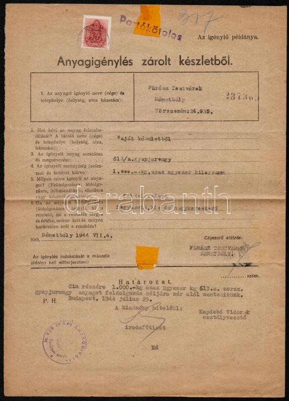 1944 Anyagigénylés Zárolt Készletből 30f Portóval - Sonstige & Ohne Zuordnung