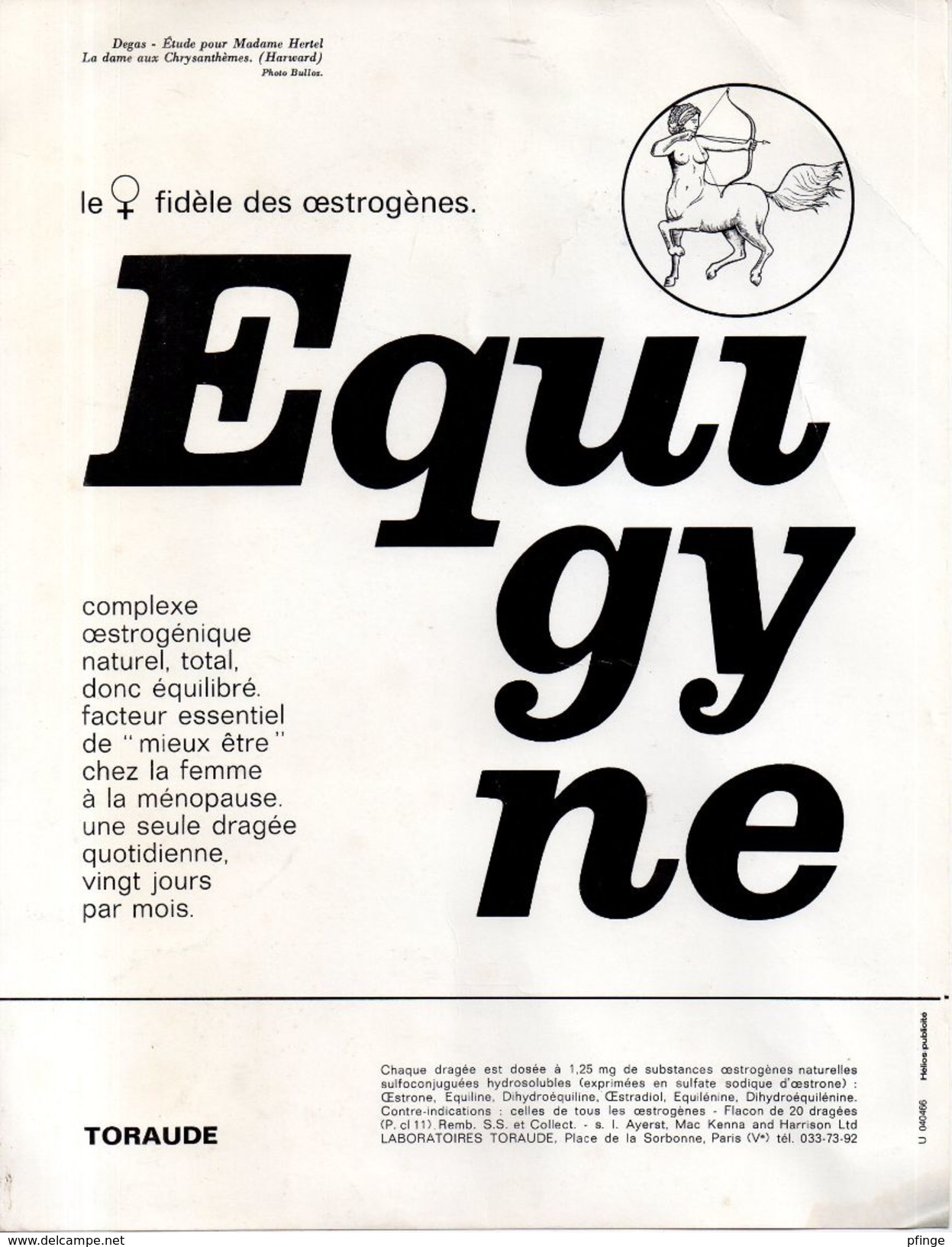 Degas - étude Pour Madame Hertel - Publicité Médicale Equigyne (lab. Toraude ) - Autres & Non Classés