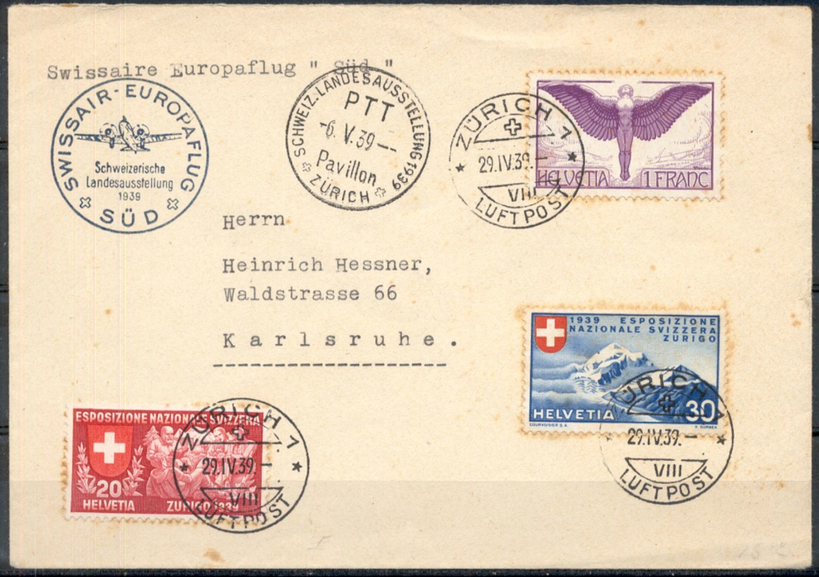 LIQUIDATION TOTALE : 1939-de ZURICH à KARLRUHE - 29/04/1939 - EUROPAFLUG SÜD BELLE LETTRE  VOL SPECIAL - Lettres & Documents