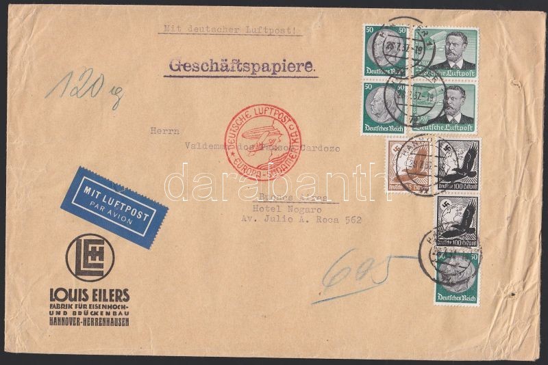1937 Légi Levél Argentínába 7,75 RM Bérmentesítéssel / Airmail Cover To Argentina With 7,75 RM Franking - Sonstige & Ohne Zuordnung