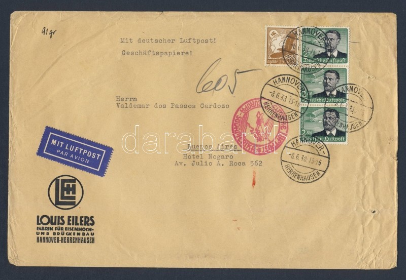 1938 Túlsúlyos Légi Levél Argentínába 6,25 RM Bérmentesítéssel / Overweight Airmail Cover With 6,25 RM Franking To Argen - Sonstige & Ohne Zuordnung