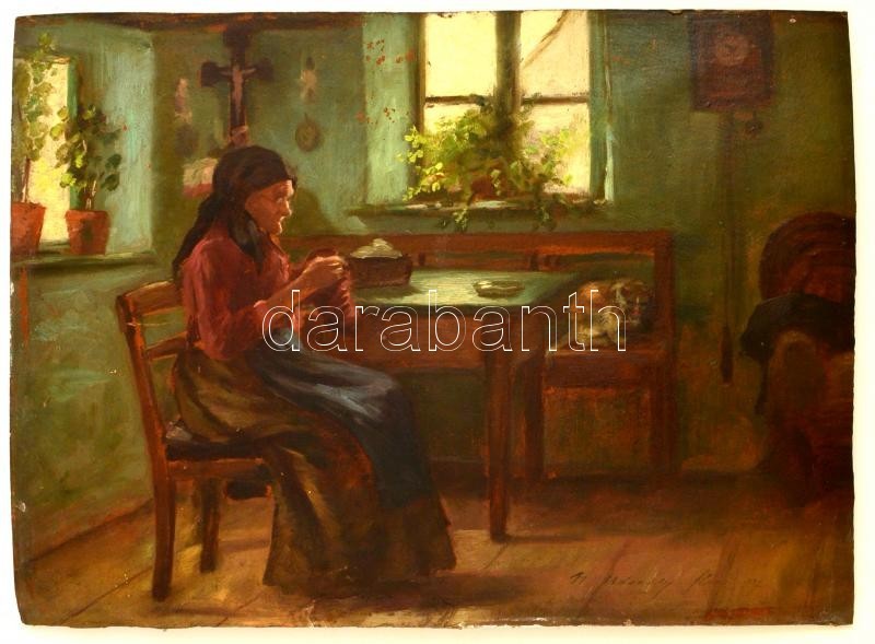 Udvardy Flóra (1880-?): Nagymama és A Cica. Olaj, Karton, Alján Sérült, 29×40 Cm - Sonstige & Ohne Zuordnung