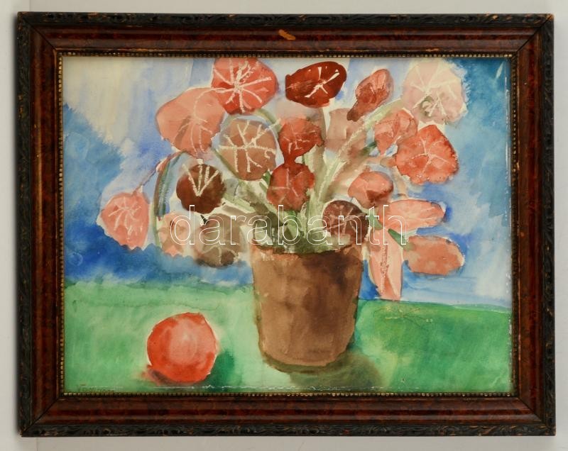 Vaszary Jelzéssel: Virágcsendélet. Akvarell, Papír, üvegezett Keretben, 29×39 Cm - Sonstige & Ohne Zuordnung